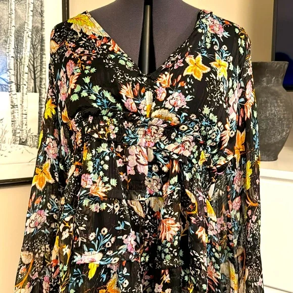 Free People | Dresses | Free People Black Floral Dress Size Large Long  Sleeve Delicate Light Weight | Poshmark